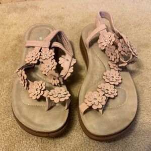 Annie Blush Pink Floral T-Strap Sandals